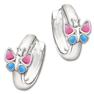 Clever Schmuck Silberne Kinder Creole 12 mm mit Schmetterling 7 mm rosa - pink & blau lackiert glänzend STERLING SILBER 925