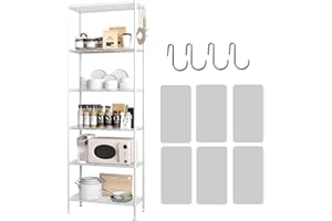 HOMEFORT 6-Shelving Unit, Adjustable Wire Shelving, Metal Wire Shelf with Shelf Liners and Hooks for Kitchen, Closet, Bathroom, Laundry, White, 21" W x 11" D x 69" H