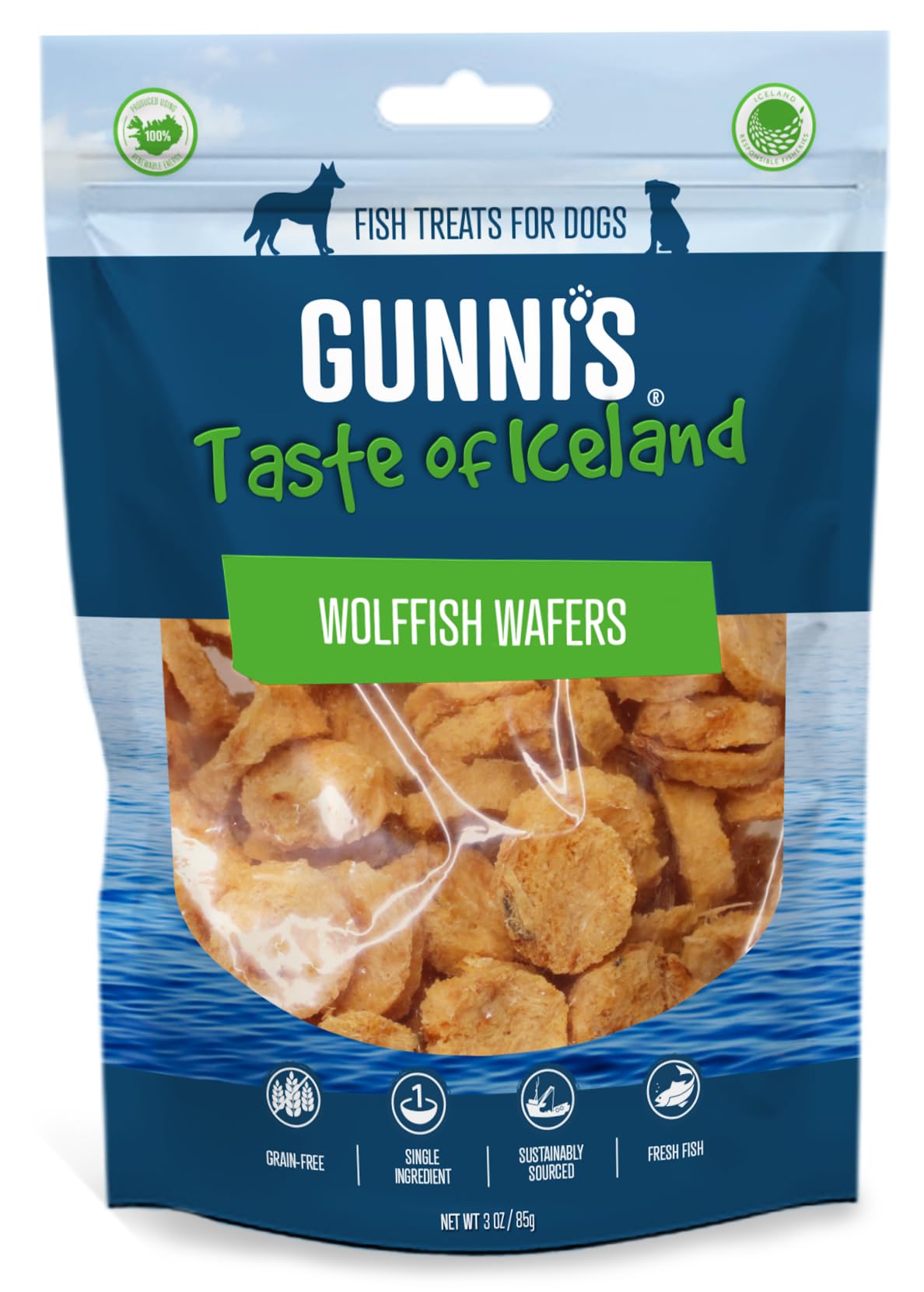 Gunni’s Wolffish Wafers | Pure Icelandic Wolffish fillet crunchy treats for dogs | Traceable | MSC Certified | Sustainable | 100% Natural | Gently dried | 85g