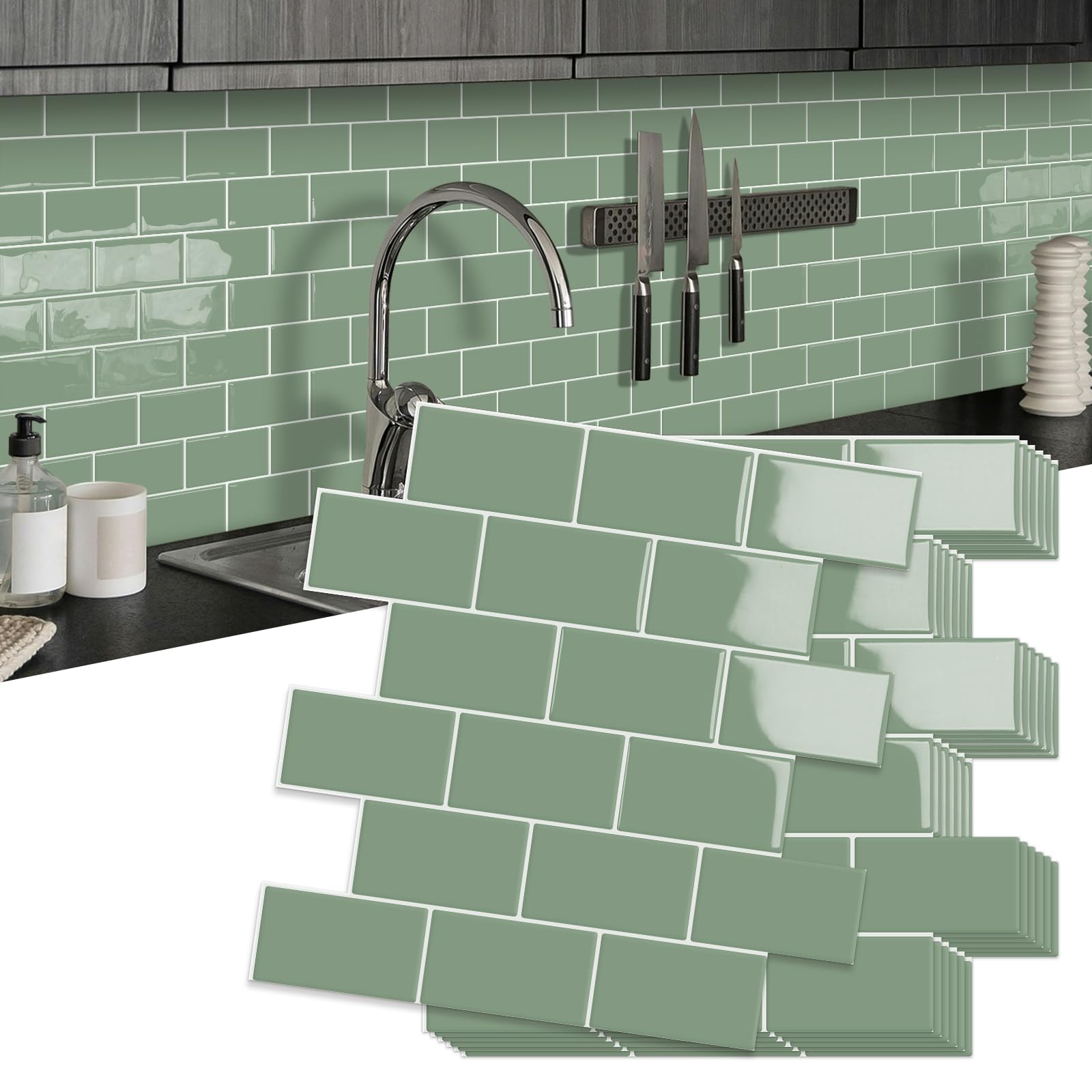 Photo 1 of 10 Sheet Thicker Subway Tiles Peel and Stick Backsplash,12"x12" Green Self Adhesive Wall Tile Stick on Backsplash for Kitchen and Bathroom