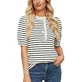 IYICLOTH Womens Half Button Down Shirts Summer Ruffle Striped Work Tops Stand Collar Short Puff Sleeve Casual Loose Blouse