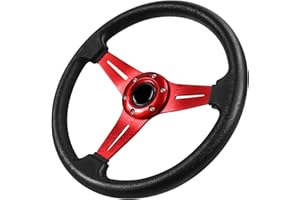 QYMOPAY Universal Racing Steering Wheel, 13.6 Inch 6 Bolt Anti-Slip Leather and Aluminum Gaming Steering Wheel with Horn Button for Racing/Car Sim Driving/JDM Sports Racing Steering Wheel (Red)