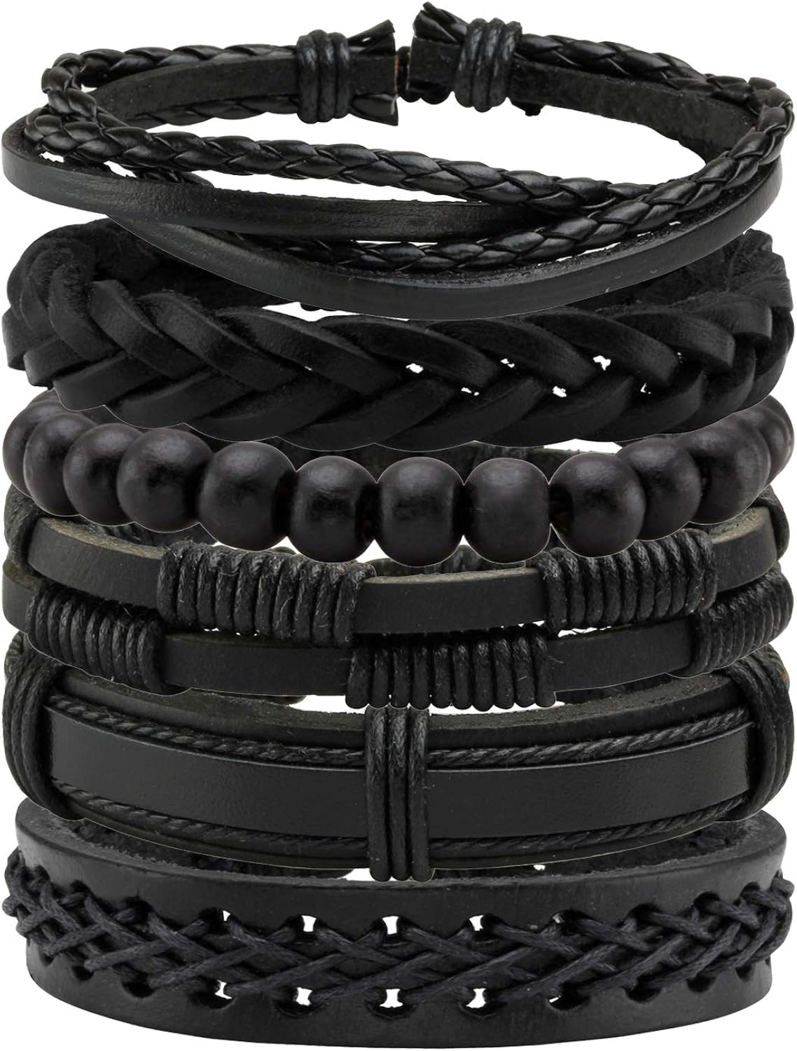 MILAKOO 6 Pcs Braided Leather Bracelets for Men Women Woven Cuff Bracelet Adjustable, Black