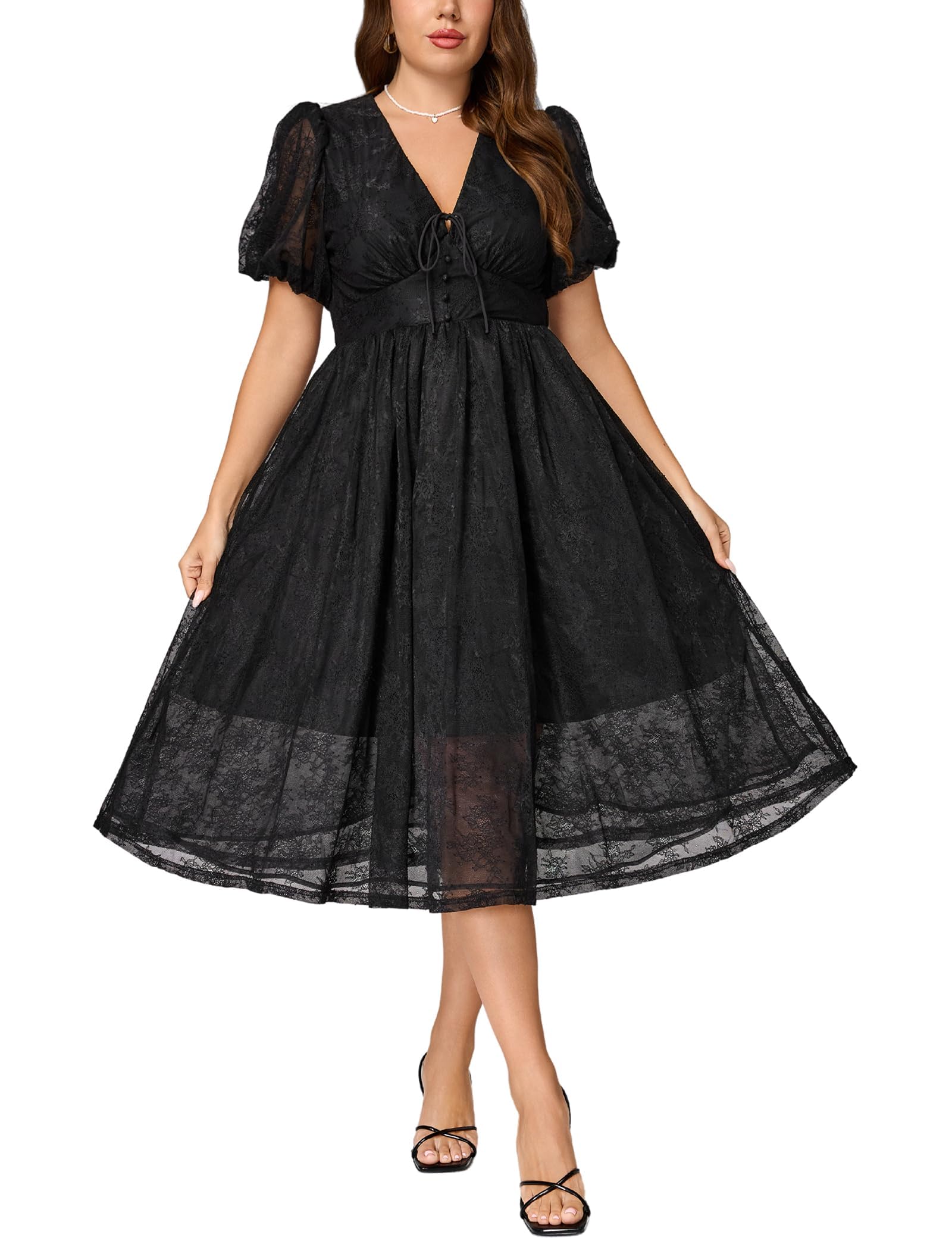 Photo 1 of *USED*
EYWOL Women's Plus Size Cocktail Dress - V Neck Short Sleeve Lace Midi Dress | Semi Formal Wedding Guest Prom Attire Black