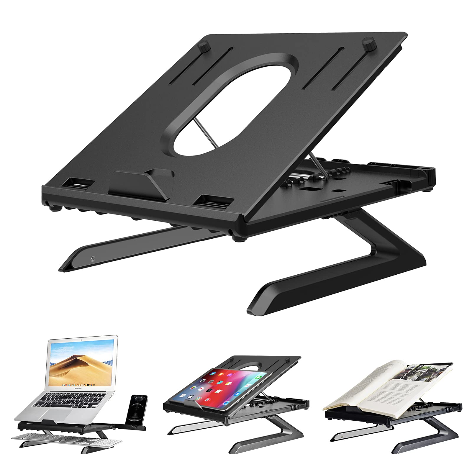Urlixin Laptop Stand 9 Adjustable Height - Laptop Riser with Foldable Legs & Cell Phone Holders for Desk, Portable Air-Ventilation Ergonomic Lap Desk with Keybord Storage for Laptop & Tablet (Black)