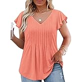 VOGRACE Womens-Plus-Size-Summer-Tops Casual V Neck T Shirts Trendy Ruffle Short Sleeve Tunics Loose Comfy Pleated Tees XL-5XL