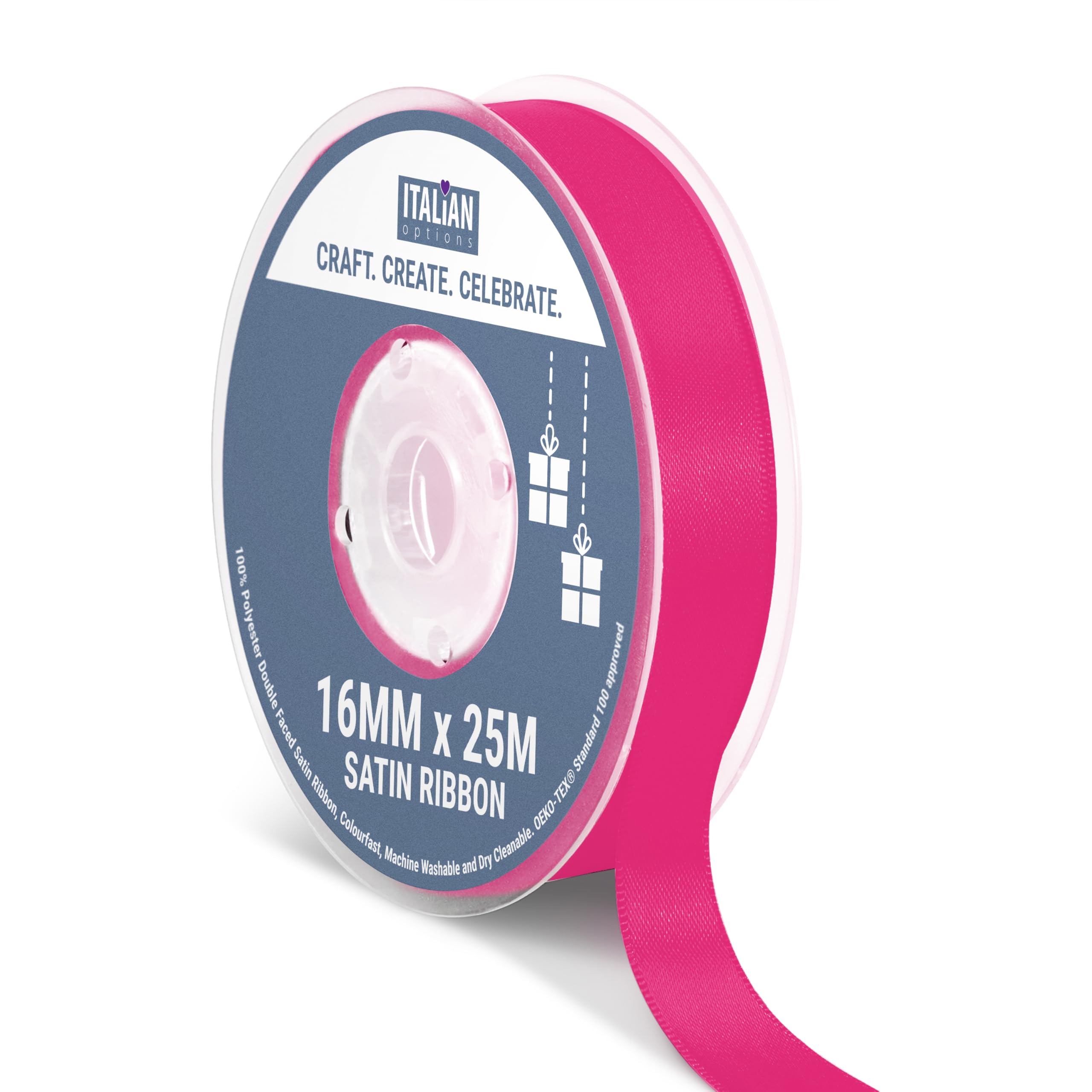 Italian Options Satin Ribbon, Fabric Ribbons for Gift Wrapping, Crafting, Balloons, Wedding Car, Presents, Cake, Christmas, Birthday, Gift Wrap Accessories, 16mm Wide x 25 Metre Roll, Cerise