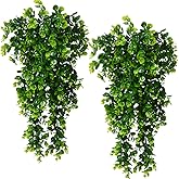 2pcs Artificial Hanging Plants Fake Hanging Plant Faux Eucalyptus Leaf Greenery Vine Outdoor UV Resistant Plastic Plants (2, Green)
