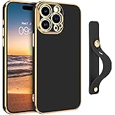 GUAGUA for iPhone 15 Pro Max Case 6.7 Inch with Wrist Strap Slim Soft Electroplated TPU iPhone 15 Pro Max Phone Case Shockproof Protective Adjustable Wristband Case for iPhone 15 Pro Max, Black