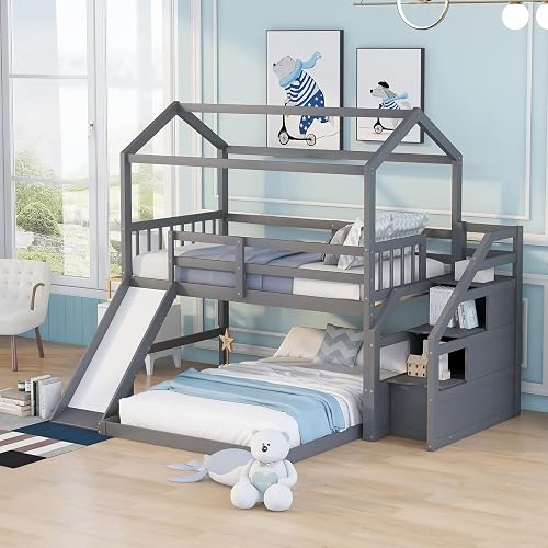 Bellemave House Bunk Beds with Slide and Stairs Twin Over Full Bunk Bed ...