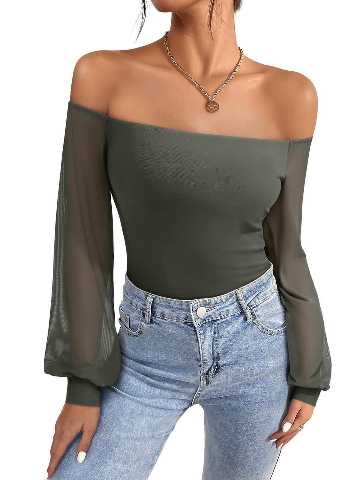 Photo 1 of REORIA Womens Summer Off-Shoulder Sheer Mesh Puff Long Sleeve Tummy Control Bodysuit Tops Grayish Green X-Large