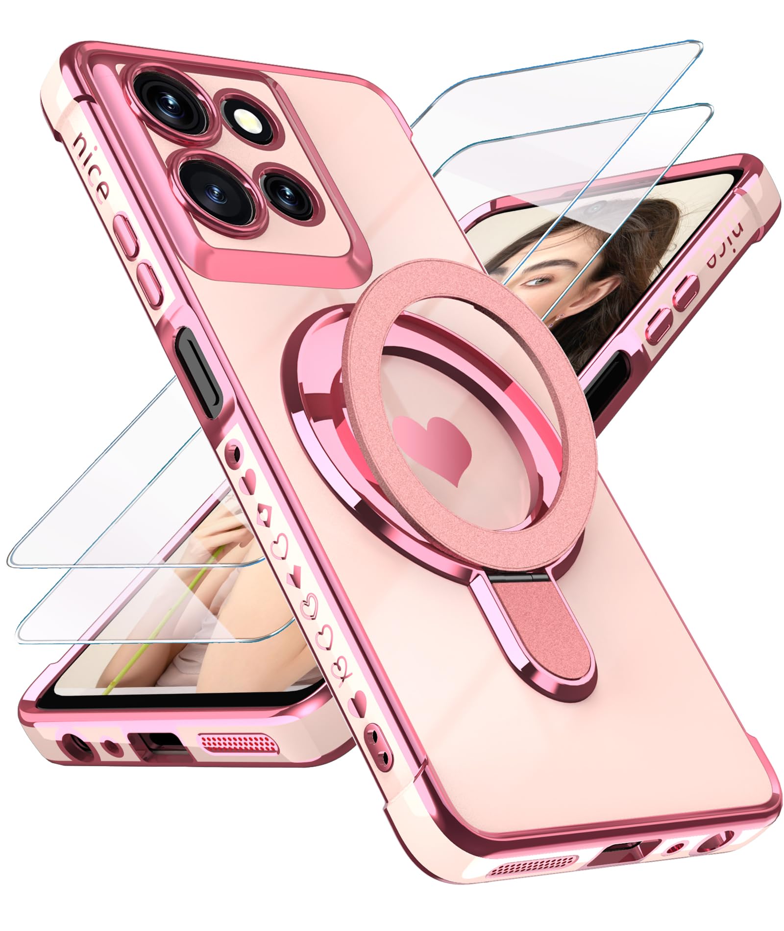 Liufcx for Motorola Moto G Power 5G 2025/2026 Love Heart Kickstand Case with Screen Protector: Luxury Plated Gold Edge Soft TPU Shockproof Protection Cover for Moto G Power 5G 2025/2026 (Pink)