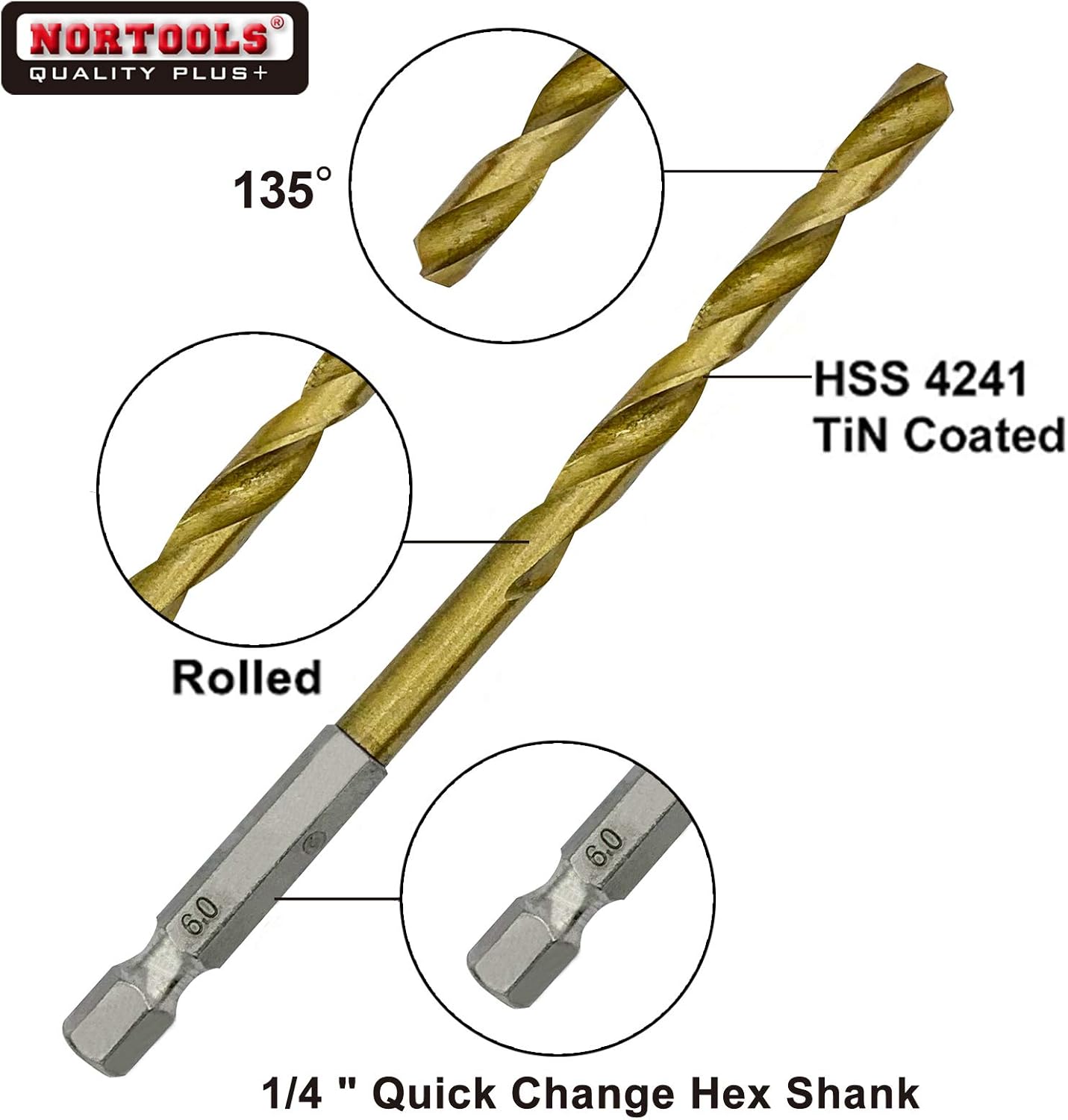 Nortools 5pcs Titanium Nitride Coated HSS Drill Bit Set including 1/4” Hex Shank(2-6mm), Gold_5PCS_Hex Shank - Image 3