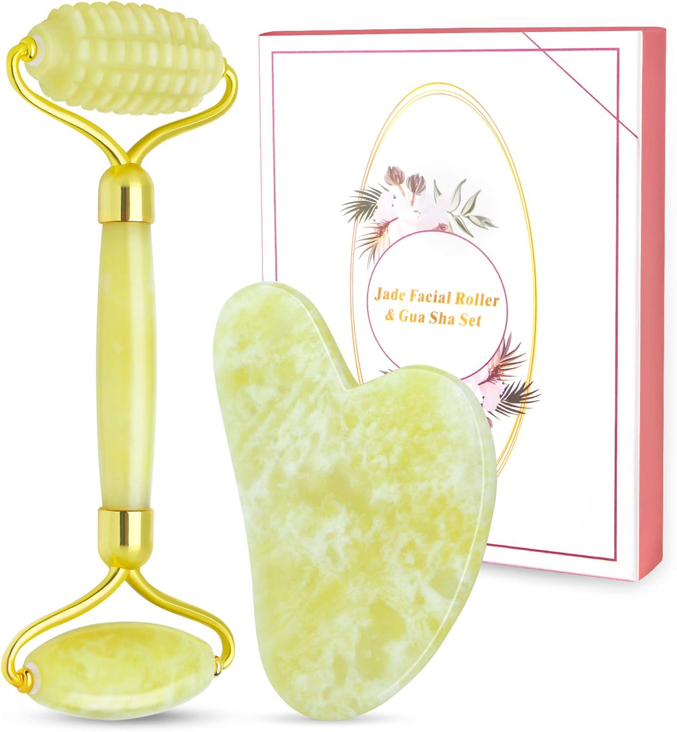 Gua Sha and Jade Roller Set, Face Roller, Face Massager Jade Stone Facial Roller for Eye Puffiness Treatment Skin Tightening