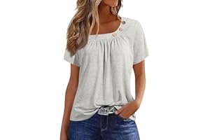 HUAZI2 Summer Tops for Women 2024 Trendy Short Sleeve Button Crewneck V Neck Shirts Cute Going Out Tops Dressy Casual Blouses Tees