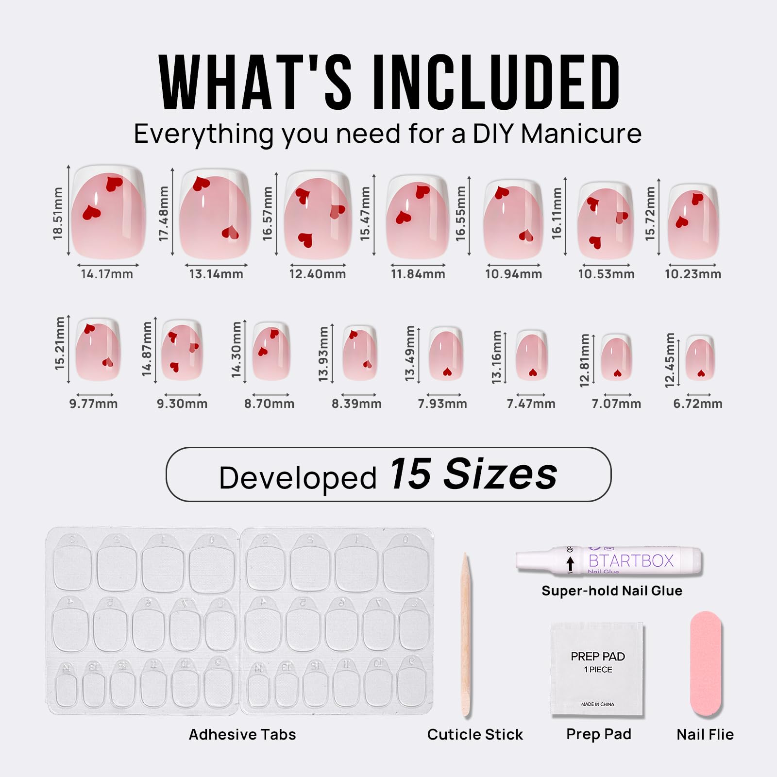 BTArtbox French Tip Press On Nails - Short Square Press On Nails with Hearts, Pink Glue On Nails, Reusable Stick On Nails in 15 Sizes, 30 Nail Kit, Endless Love - Image 4