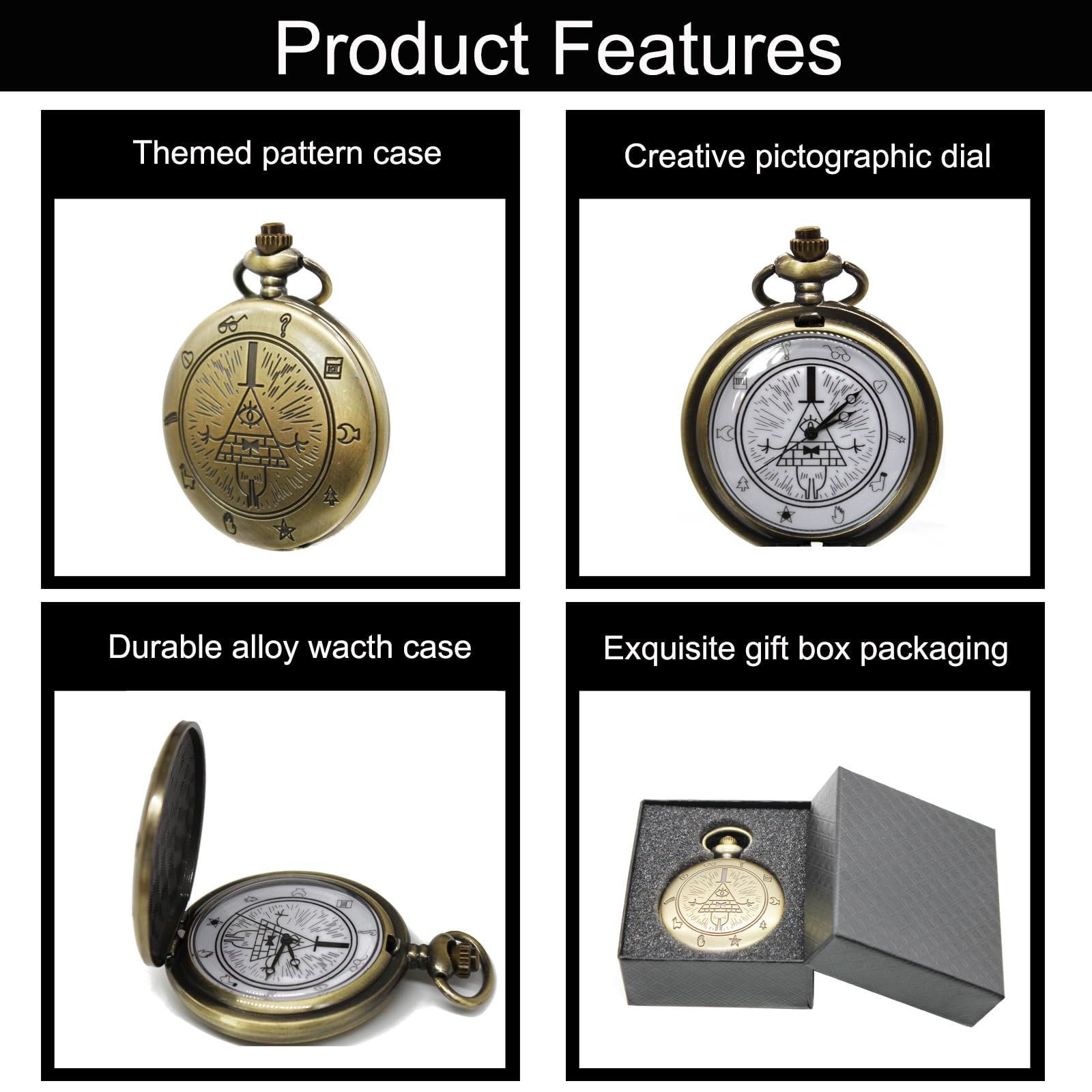 Vintage Pocket Watch, Gravity Falls - Bill Cipher Pocket Watch with Chain for Men Women
