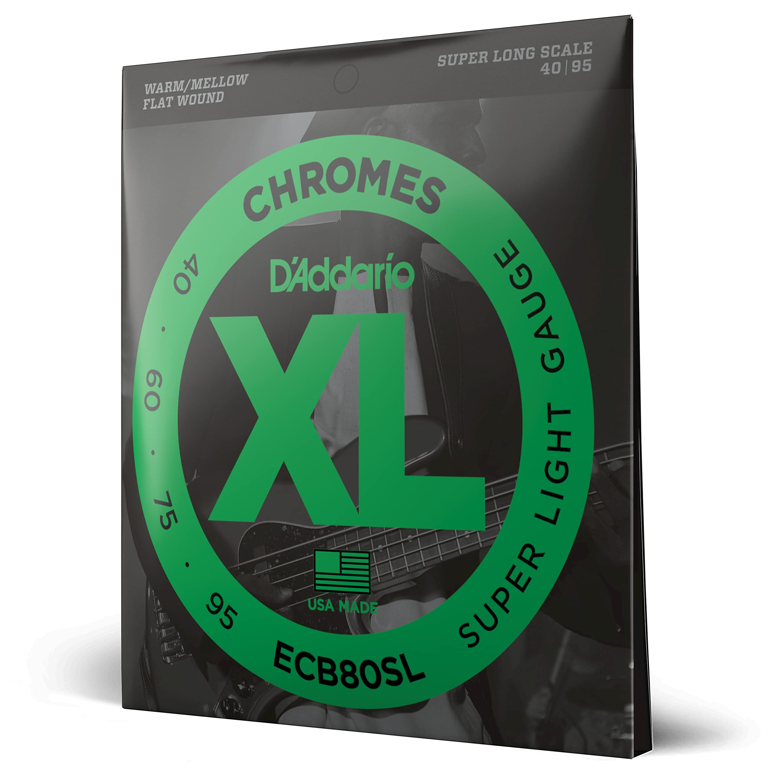 D'Addario XL Chromes Flat Wound Bass Guitar Strings - ECB80SL - Super Long Scale - Super Light, 40-95