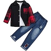 Woleroyir Toddler Baby Boy Clothes Flannel Long Sleeve Plaid Shirt Ripped Denim Jeans Outfit Set Boys Fall Outfits 2-6 Years