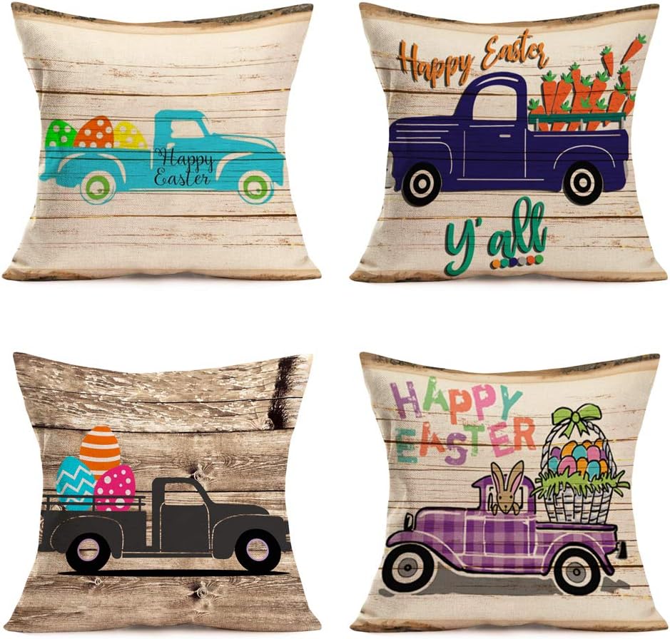 Set of 4 Happy Easter Rabbit Throw Pillow Covers Cotton Linen Vintage Truck with Easter Egg Throw Pillow Case Rustic Wood Panels Cushion Cover Spring Home Sofa Decoration 18" x 18" (Wood Easter)