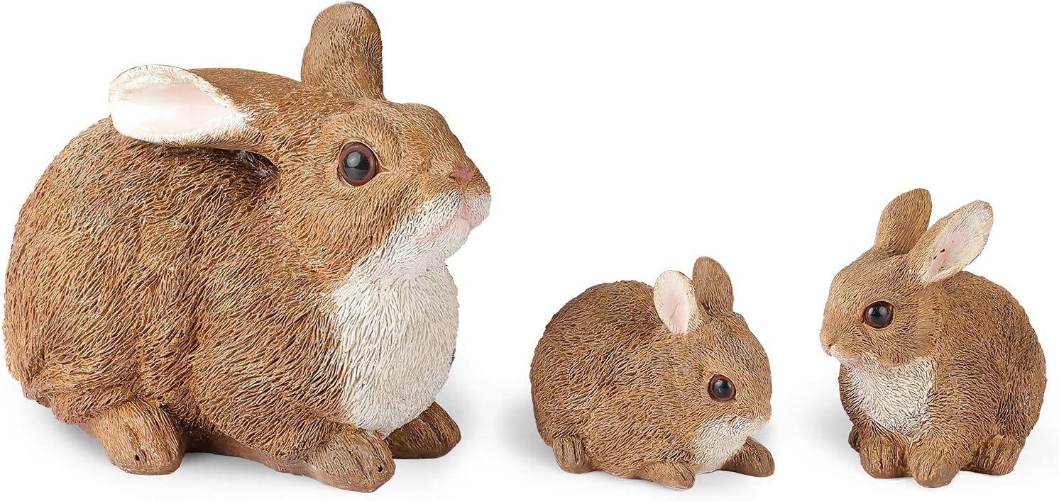 Giftchy Rabbit Family Garden Figurines Set of 3, Whimsical Bunny Decorations for Outside, Resin Animals Statues, Spring Decor for Home, Dark Brown Finish 8.875“ L