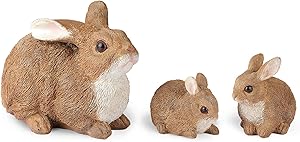 Giftchy Rabbit Family Garden Figurines Set of 3, Whimsical Bunny Decorations for Outside, Resin Animals Statues, Spring Decor for Home, Dark Brown Finish 8.875“ L