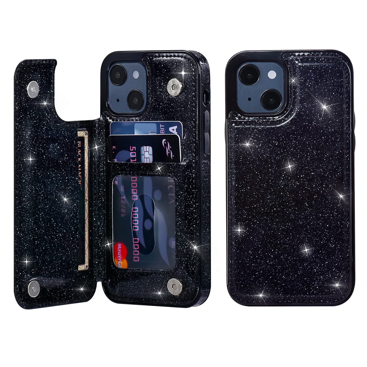 UEEBAI Case for iPhone 13 6.1 inch, Premium Glitter PU Leather Case Back Wallet Cover [Two Magnetic Clasp] [Card Slots] Stand Function Durable Shockproof Soft TPU Case - Black#2 — image 1