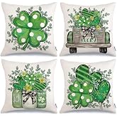 GEEORY St Patricks Day Lucky Shamrock Eucalyptus Heart Mason Jars Truck Throw Pillow Covers 18x18 Inch Set of 4, Green Holiday Farmhouse Decorative Cushion Cases for Home Decoration G670-18