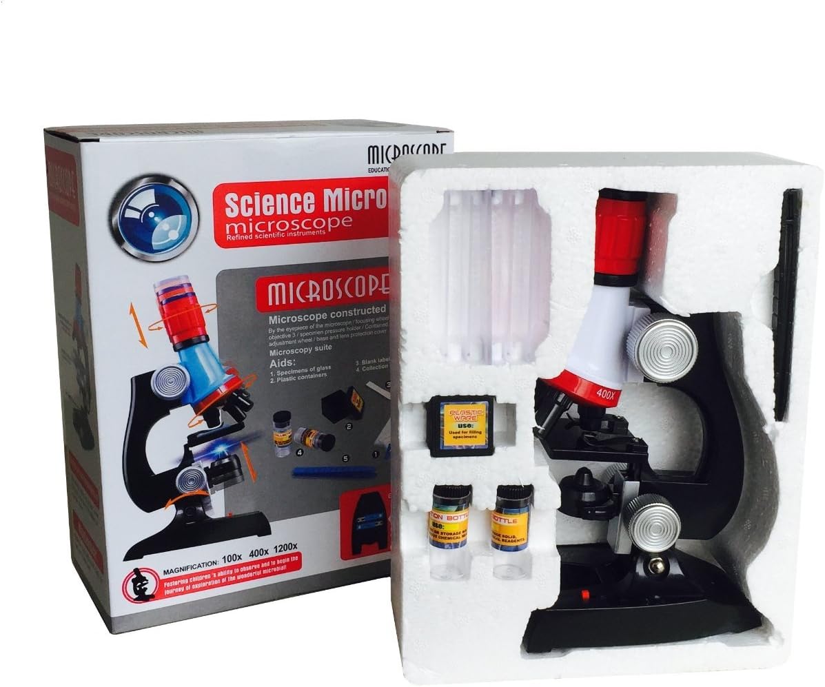 Science Kits for Kids for Children Scientific Instruments Microscope Beginner Microscope Kit LED 100X, 400x, and 1200x Magnification Kids Science Toys Red