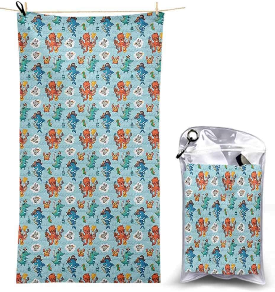 Quick Fast Dry Super Absorbent Lightweight Thin Towel, Pirates Crocodile Octopus Shark Crab Seagulls Parrot Bottle of Rum Cartoon Style 5.25’x 2.6' Microfiber Sports Swim Pool Lightweight Blanket