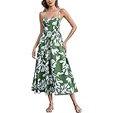 Yulaviniee Women's Spaghetti Strap Green Floral Midi Dress - Summer Beach Vacation Casual A-Line Sundress