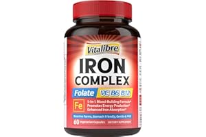 VITALIBRE Iron Supplement for Women & Men, with Vitamins C, B6, B12 & Folate for Iron Deficiency, Blood Building & Energy Support, Stomach Friendly, Better Absorption, Non-GMO, No Gluten, 60 Vegan Caps
