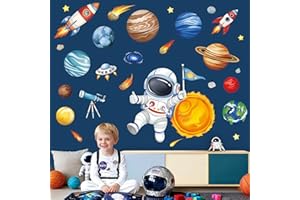 wondever Outer Space Wall Decals Solar System Planets Astronaut Rocket Peel and Stick Wall Stickers for Kids Bedroom Baby Nur