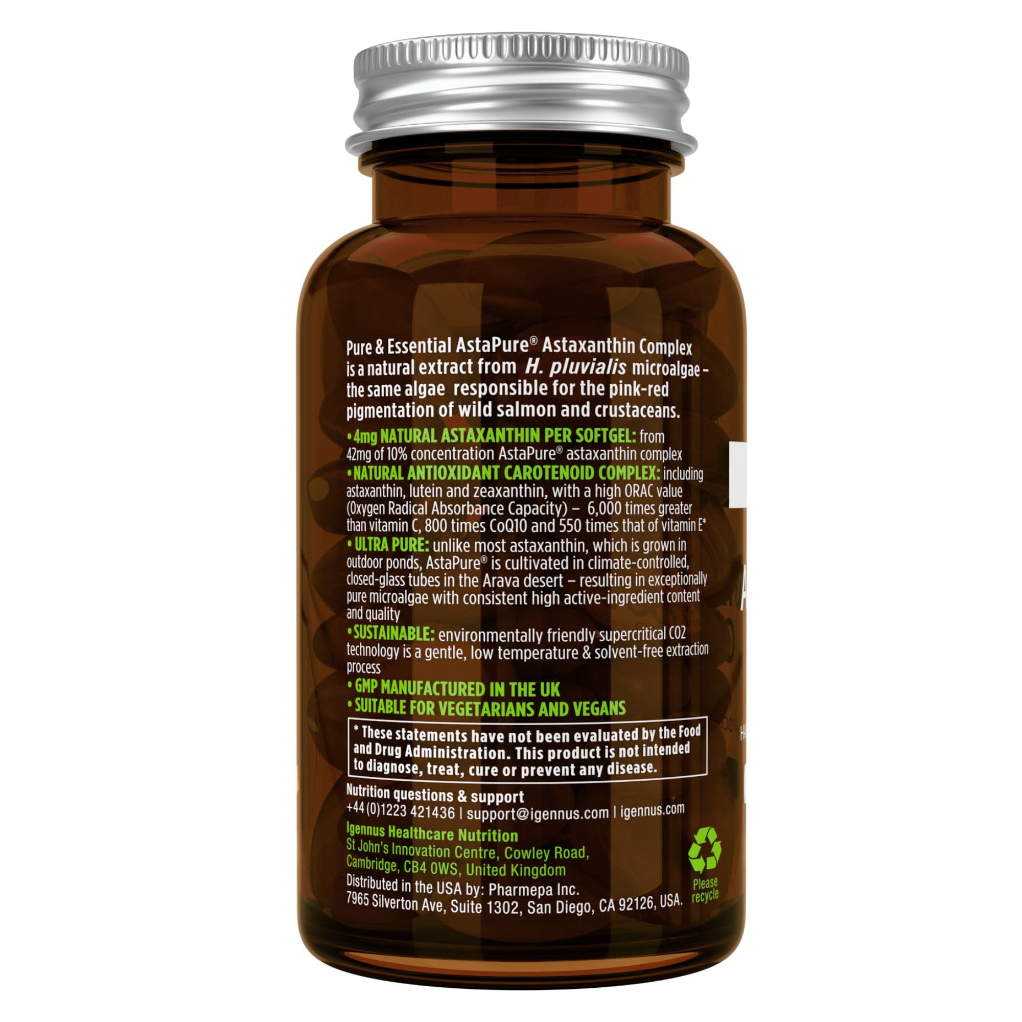 Igennus Vegan Astaxanthin 4mg Complex with Lutein and Zeaxanthin, 90 Small Softgels, from 42 mg Astapure, Natural Algae Antioxidant for Eyes, Skin & Joints, Non-GMO, H. Pluvialis