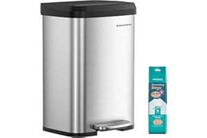 SONGMICS Kitchen Trash Can, 13 Gallon (50 L) Stainless Steel Garbage Can, with Stay-Open Lid and Step-on Pedal, Soft Closure, Tall, Large and Space-Saving, Silver and Black ULTB530E50