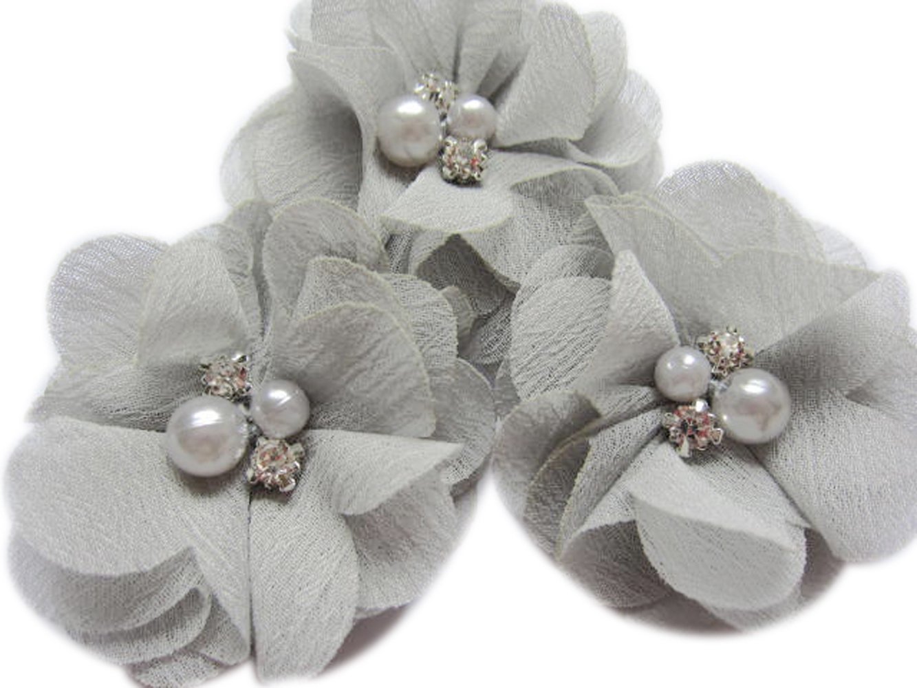 YYCRAFT Pack of 20 Pieces Chiffon 2" Flower Rhinestone Pearl for Craft Projects-Lt.Grey