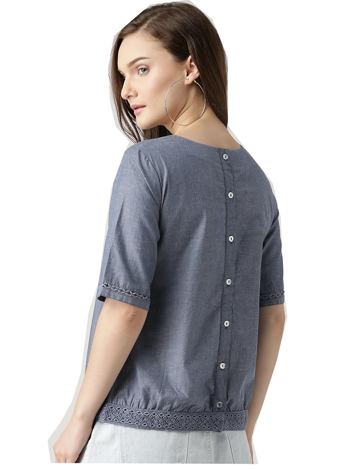 marie claire women blue chambray solid styled back top (mc675)