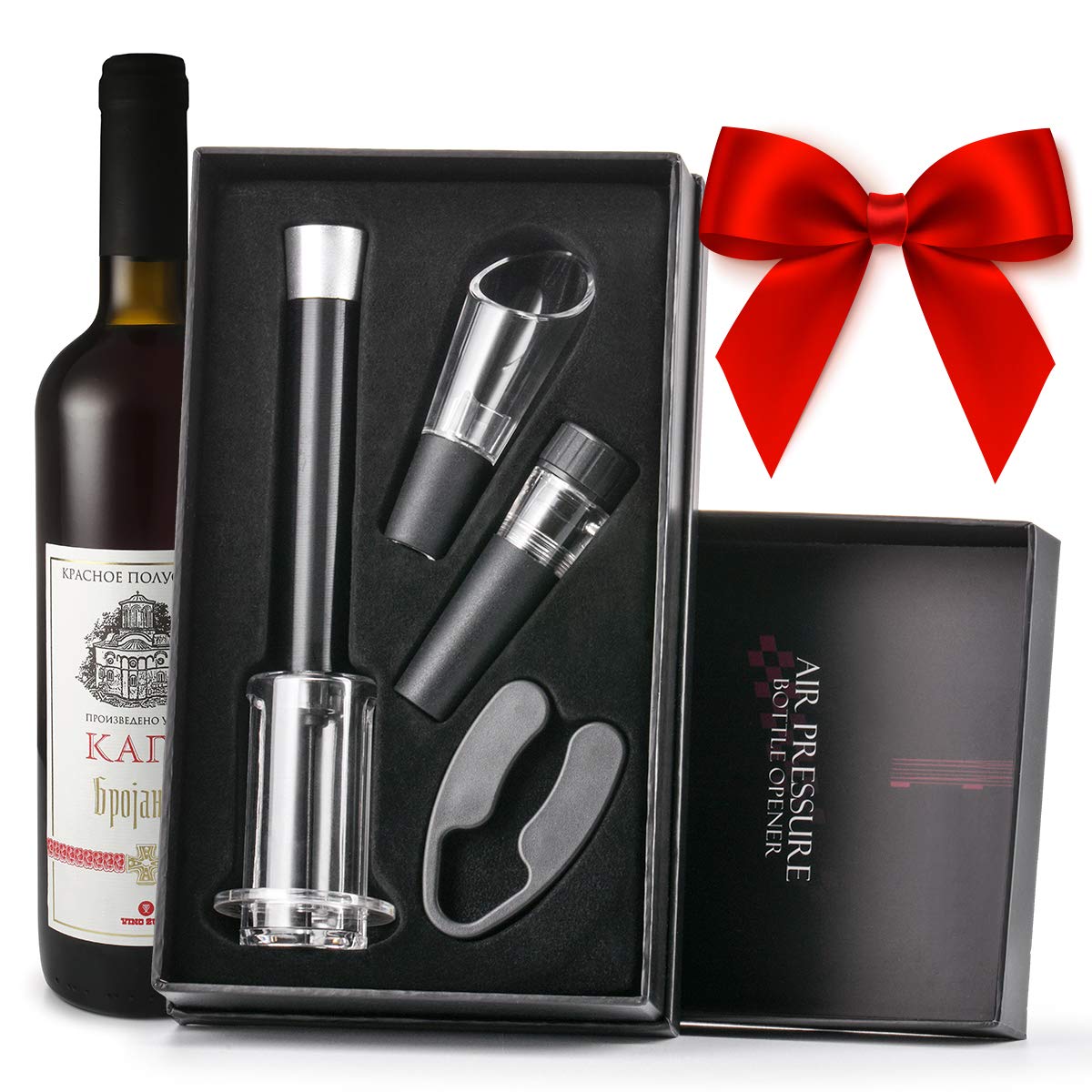 Wine Opener Gift Set - Corkscrew Bottle Opener + Aerator Pourer + Vacuum Stopper + Foil Cutter, No Cork Pieces Float with Gift Box