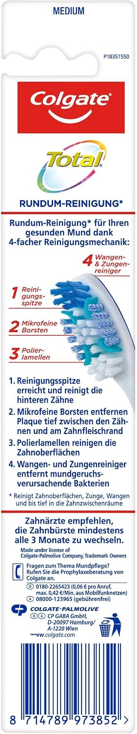 Colgate Total All-Round Cleaning, Medium, 1 Piece, Manual Toothbrush Cleans Tooth Surfaces, Tongue - Image 4