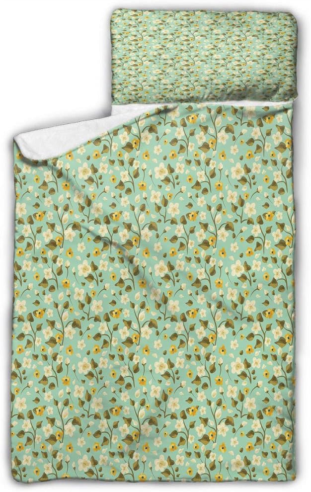 Green Flower Kids Toddler Nap Mat Hand Drawn Floral Pattern Ornamental Wildflowers Summer Season Inspirations Multicolor for Preschool, Daycare, Kindergarten 43X21 INCH