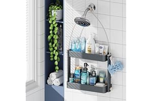 ADOVEL Shower Caddy Hanging, 2 in 1 Shower Caddy Over Shower Head/Door, Sturdy Bathroom Shelf Organizer with Adjustable Height, Never Rust, No Drilling, 4 Suction Cups (Grey)