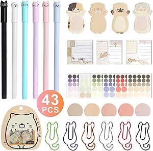 Cute Cat Ink Pen&6 Color Cat Paper Clips and Silhouette Cat Sticky Notes,Page Flags Index Tabs,Funny Cat Stickers,Special Notepads Set Home Office School Stationary Cat Lover Gifts