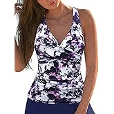 Firpearl Tankini Tops for Women Tummy Control Bathing Suit V Neck Criss Cross Swimsuit Top Only No Bottom