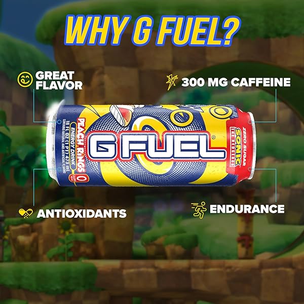 G FUEL ENERGY DRINK, PEACH RING CANDY, SUGAR FREE BEVERAGE WITH 300MG CAFFEINE, DAILY ENERGY BOOST WITH FOCUS AMINO, VITAMIN + ANTIOXIDANTS, 16 OZ CANS (SONIC, 12-PACK)