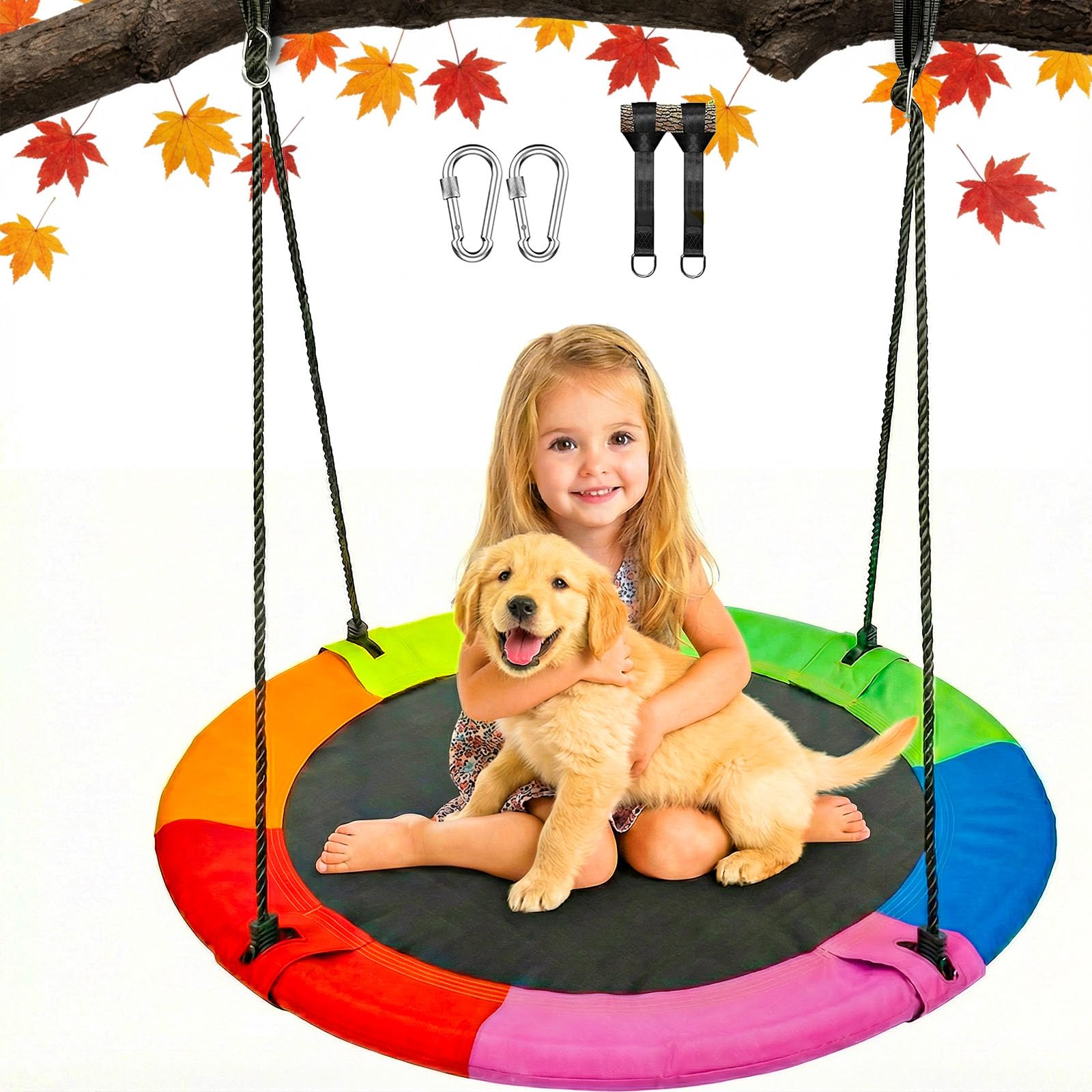 Saucer Tree Swing for Kids Outdoor, Textilene Fabric Tear & UV Resistant Waterproof, Round Disc Circle Swings, Swing-Set for Backyard Garden Playground (40inch | Multicolored)