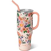 Swig Life 40oz Mega Mug, 40 oz Tumbler with Handle and Straw, Cup Holder Friendly, Dishwasher Safe, Lightweight Extra Large Insulated Tumbler, Stainless Steel (Full Bloom)