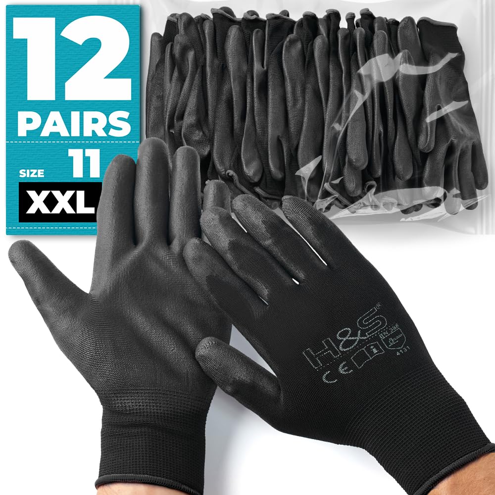 12 Pairs Work Gloves XXL (11) Nylon PU coated CAT II available XS extra-small (6),S small (7), M medium (8), L large (9), XL x-large (10), XXL xx.large (11) seamless multi-purpose black colour coded