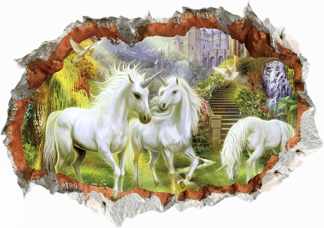 Enchanted Forest Wall STICKER4U 3D Wall Sticker Unicorn Horse Fantasy Unicorn Wall Breakthrough Wall Stickers Sticker Decorative Photo Wallpaper for Doors Bedroom Living Room Kitchen Girls Large