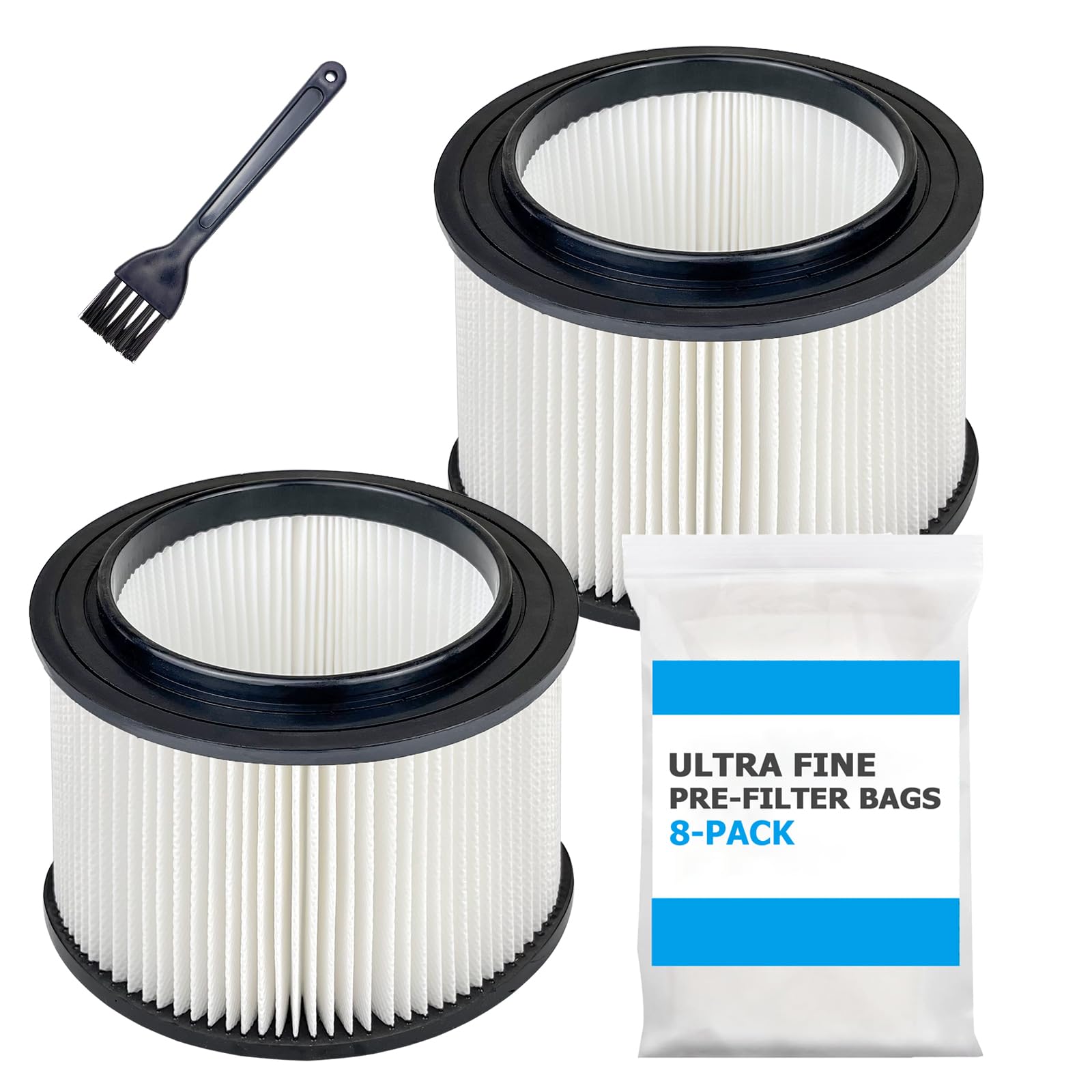 Photo 1 of 2 Pack 17810 Filters Replacement for Craftsman 3 to 4 Gallon General Purpose Wet Dry Vacuum, Part# 9-17810, with 8 Pre-filter Bags & 1 Brush
