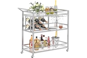 FATORRI Bar Cart Silver, Bar Carts for The Home, Home Bar Serving Carts for Liquor, Rolling Wine Cart with 3 Tier Mirrored Shelves on Wheels for Alcohol and Beverage (Silver)